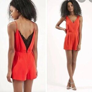 Bebe Poy Sleeveless Lace Back Romper Poppy Red